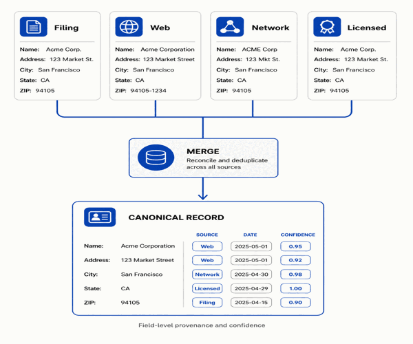Filing, web, network, and licensed data sources merging into a canonical record with field metadata