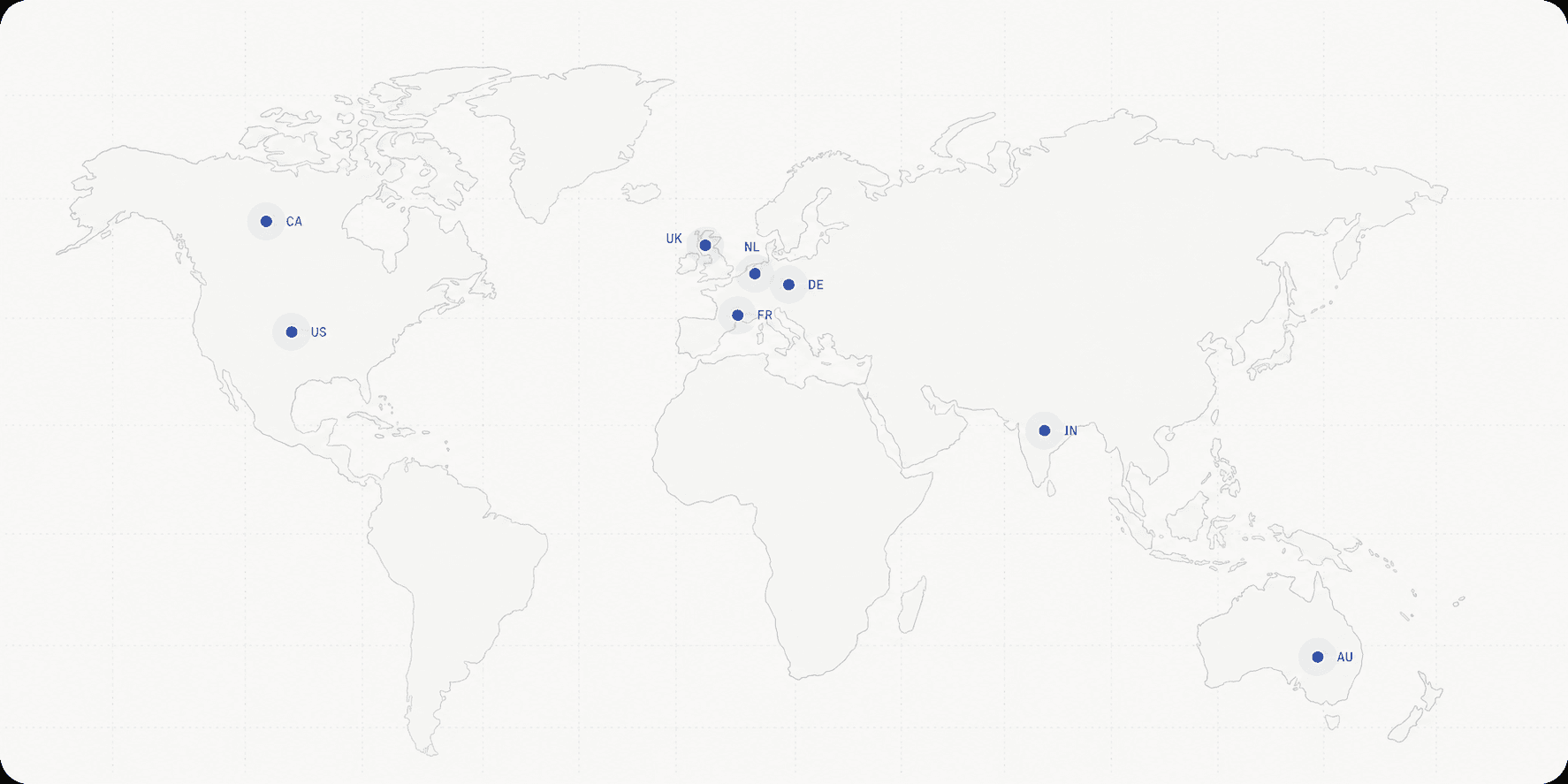 World coverage map with data points in the United States, Canada, United Kingdom, Netherlands, Germany, France, India, and Australia