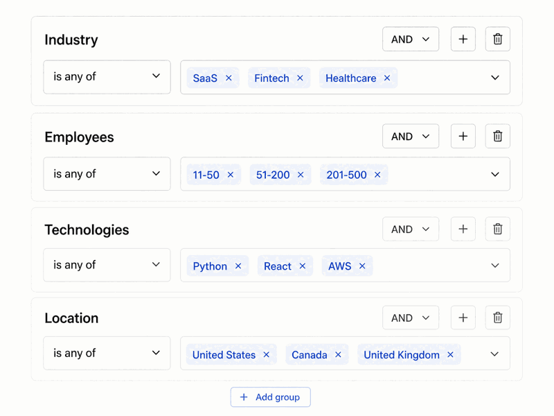 Static query builder preview showing industry, employee, technology, and location filters
